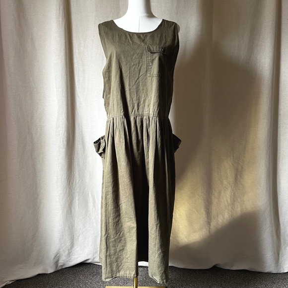 Vintage Express Olive Cotton Utility Midi Dress Oversized Pockets Womens M - Picture 3 of 8